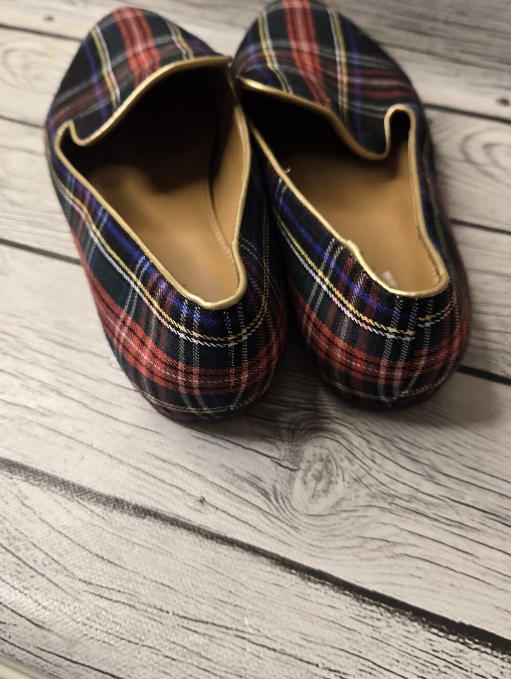 J.Crew Tartan Plaid Smoking Loafers Flats Gold Trim Size 9 - Picture 3 of 6